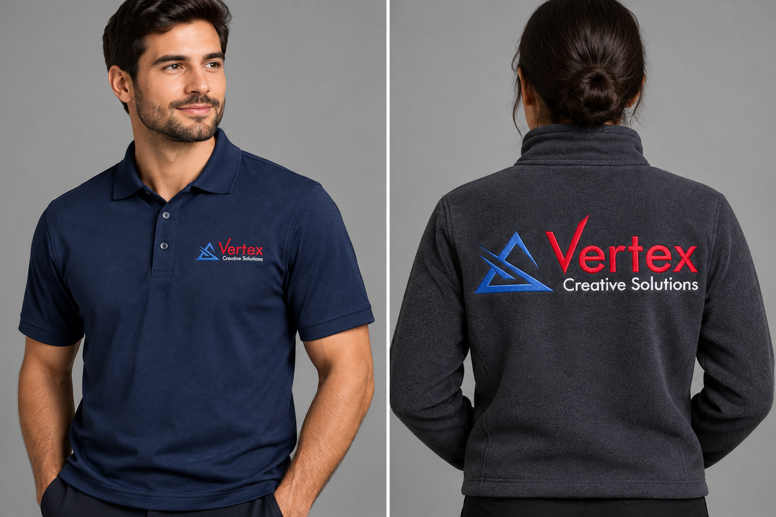 Comparison of a small left chest embroidered logo and a large full back embroidered design