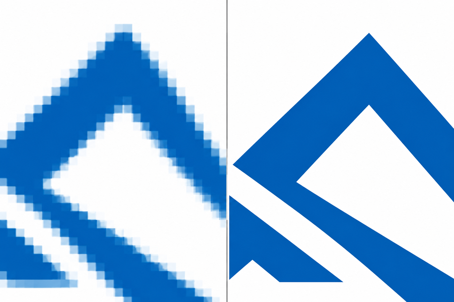 Extreme close-up comparison showing pixelated, blocky edges on a raster logo next to smooth, clean edges on the same logo converted to vector