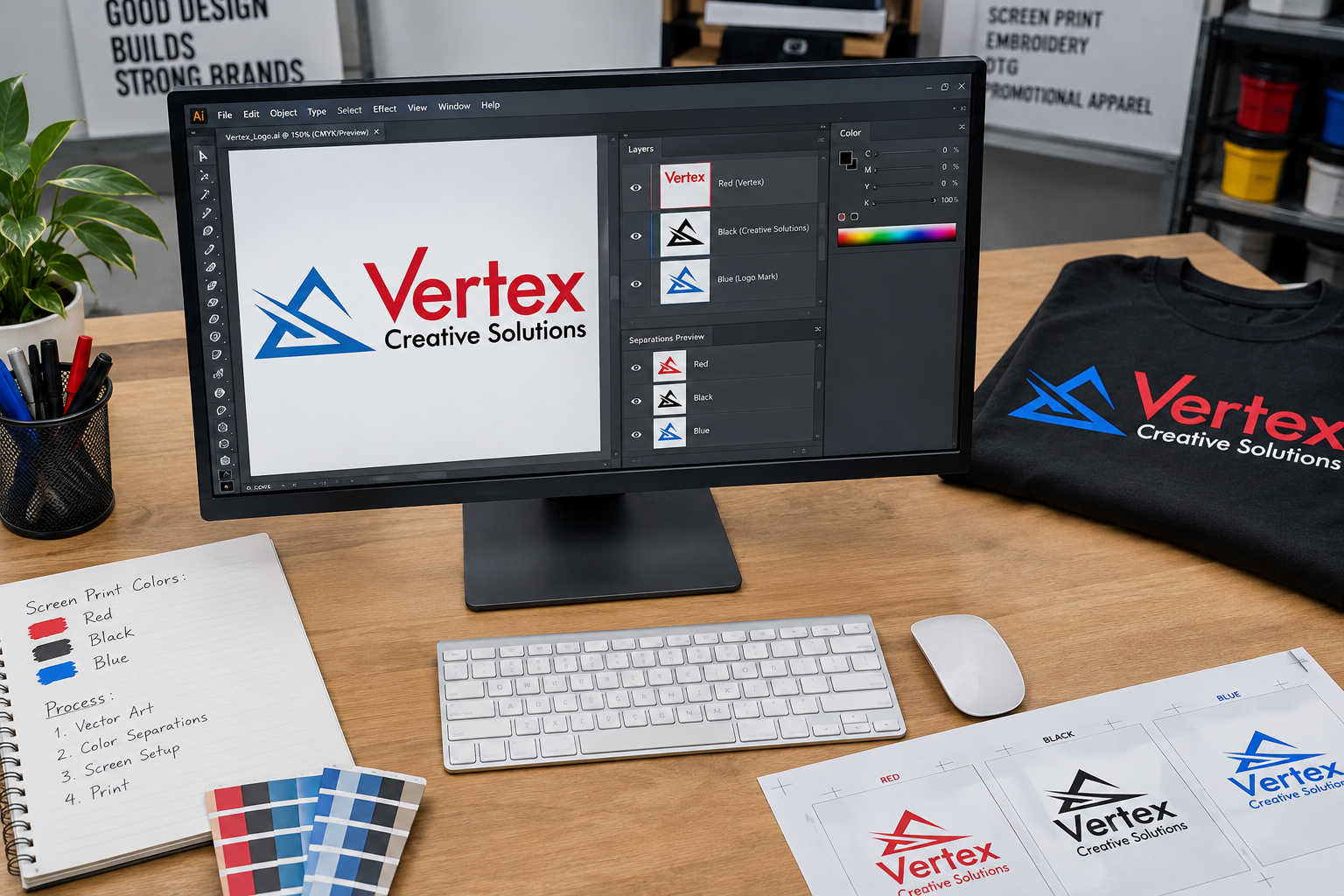 A logo broken out into separated color layers on a production art screen, ready for screen printing